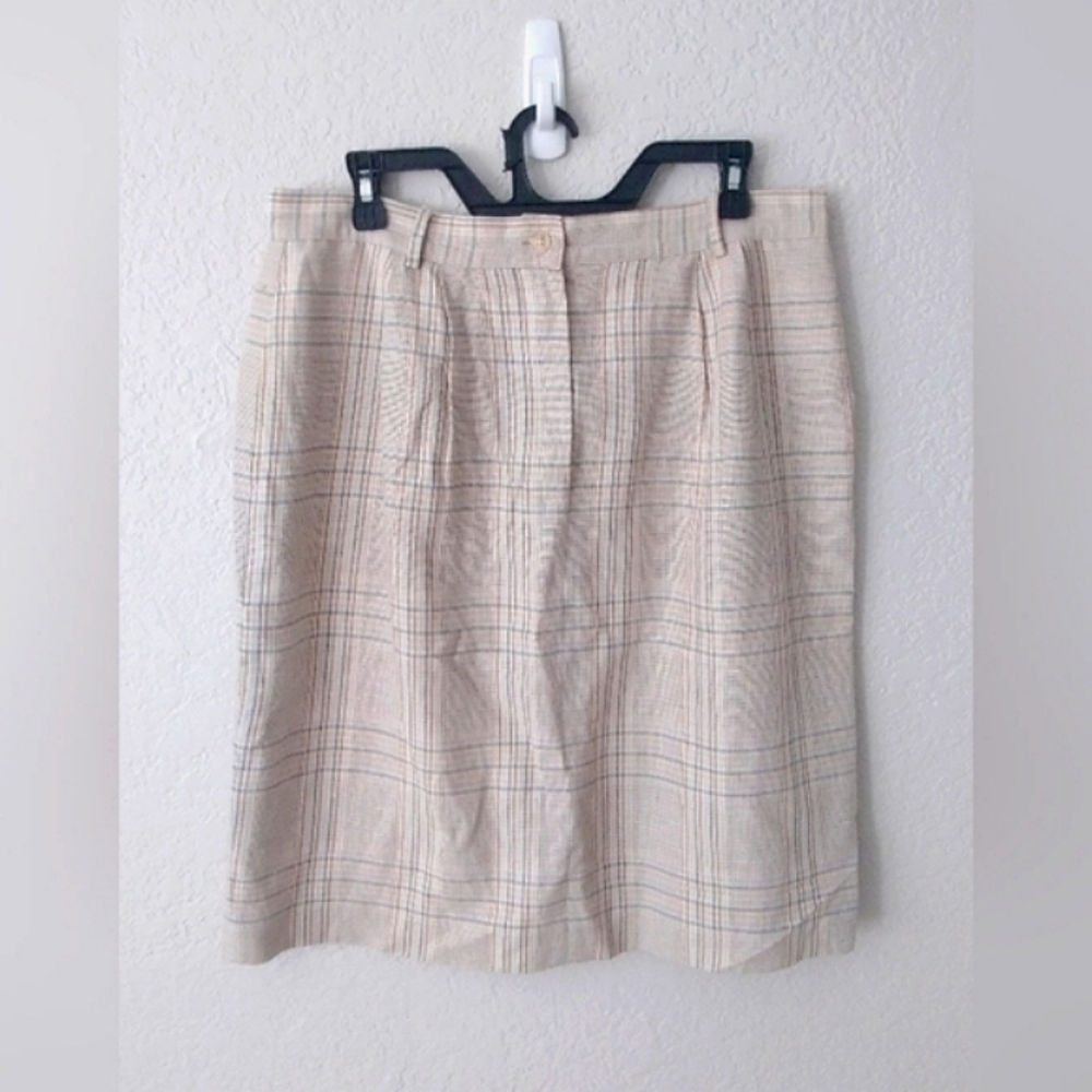 Lands End Linen Cotton Vintage Plaid Cream Skirt Lined Lightweight 16 - Picture 1 of 8
